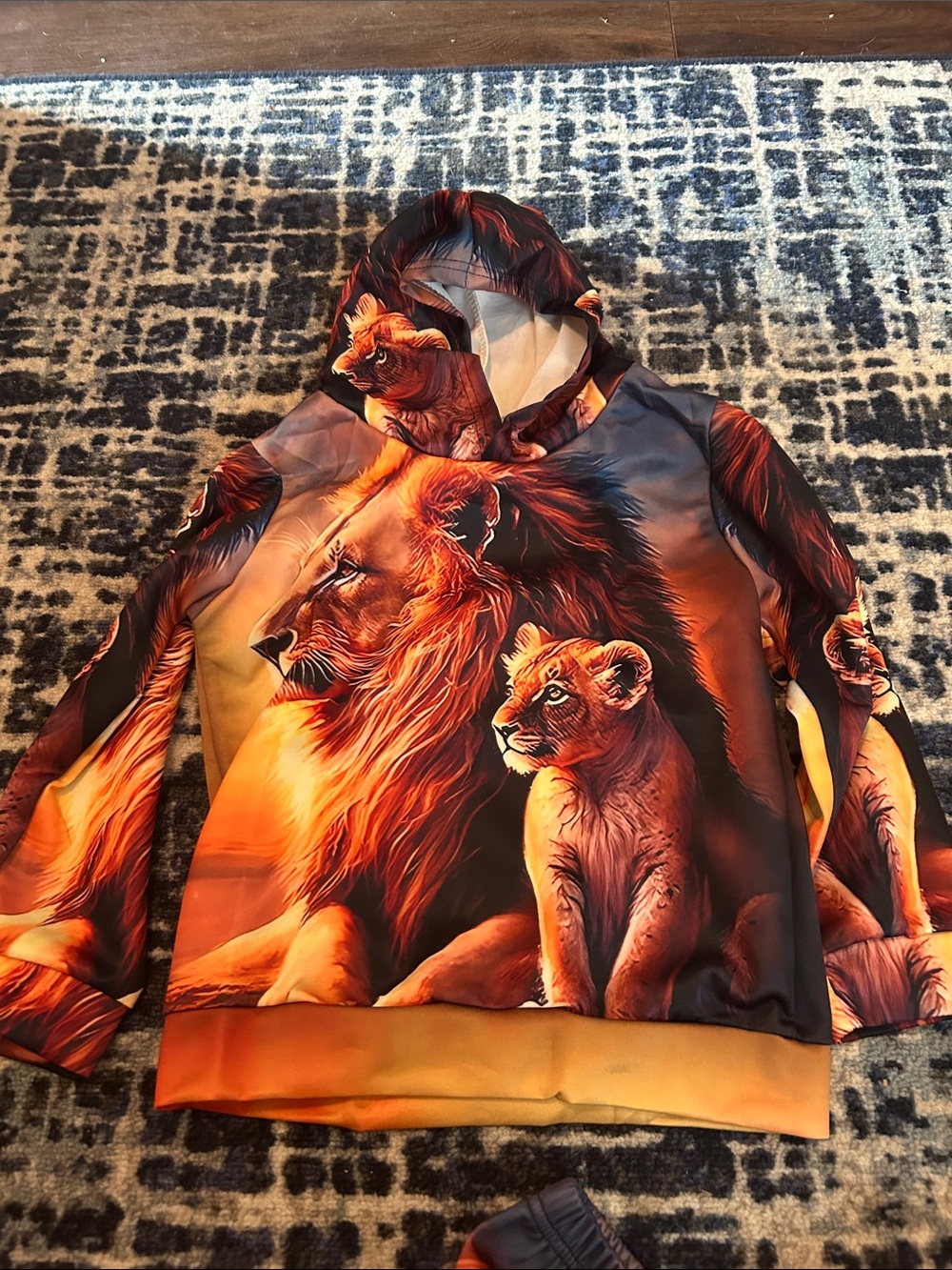 Kids Lion Print Hoodie in Orange & Brown